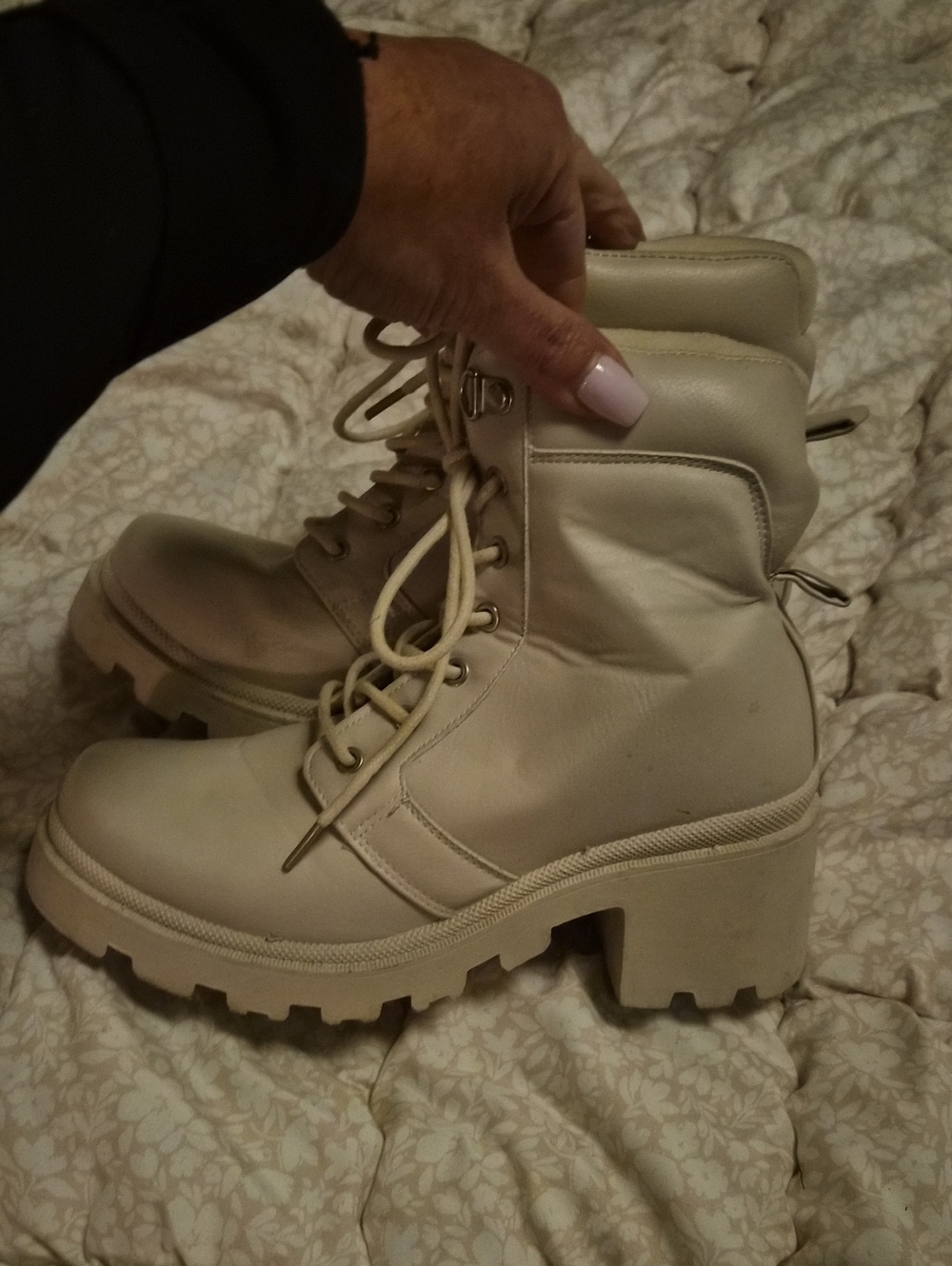 Qupid Cream Lace-Up Chunky Heel Combat Boots